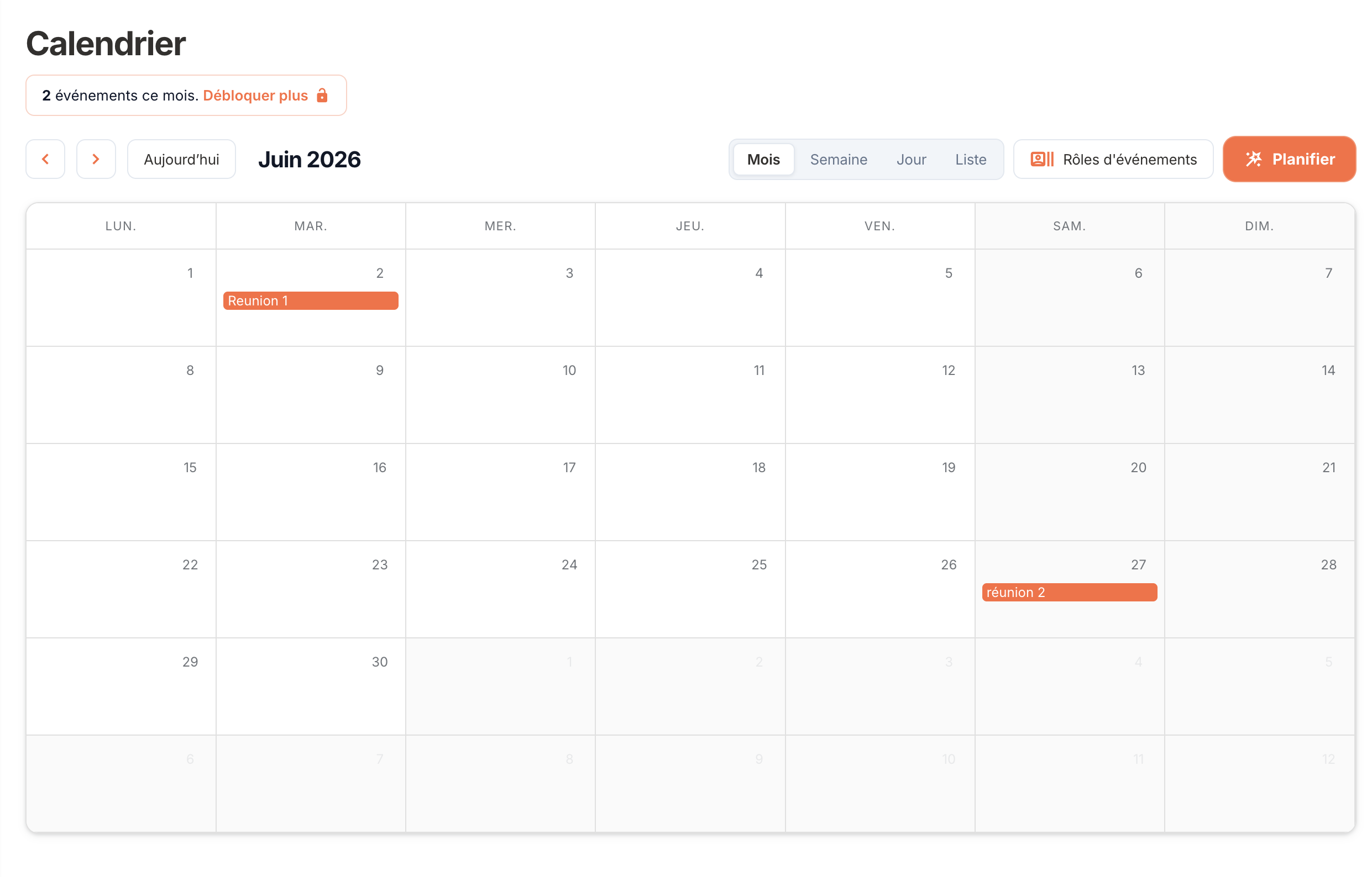 Vue calendrier EVIS Hub
